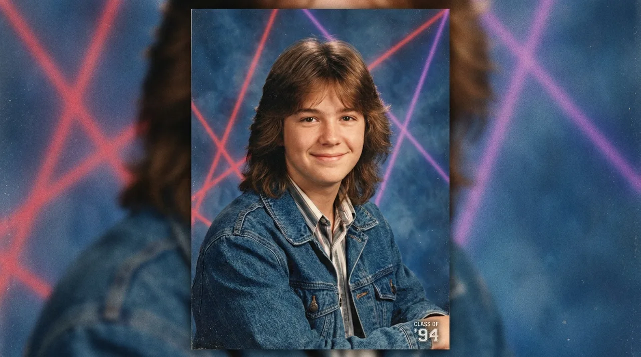 Example AI-generated '90s yearbook portrait — feathered hair, soft studio lighting, laser-beam blue background